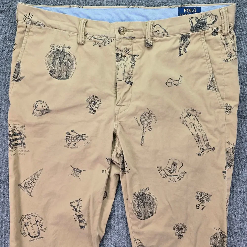 Polo Ralph Lauren Pants Mens 36x30 Khaki Collegiate All Over Print Stretch Chino